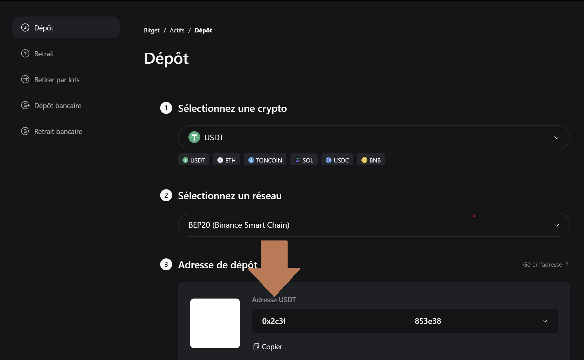 Sélectionner le réseau et déposer des USDT