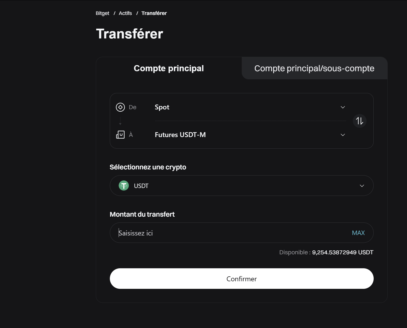 Transférer des USDT vers le compte Futures